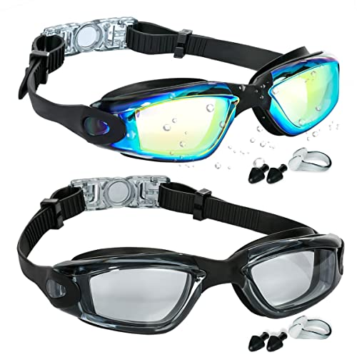 EWPJDK Swim Goggles 2 Pack Anti Fog No Leaking for Adults(Aqua Light Black)