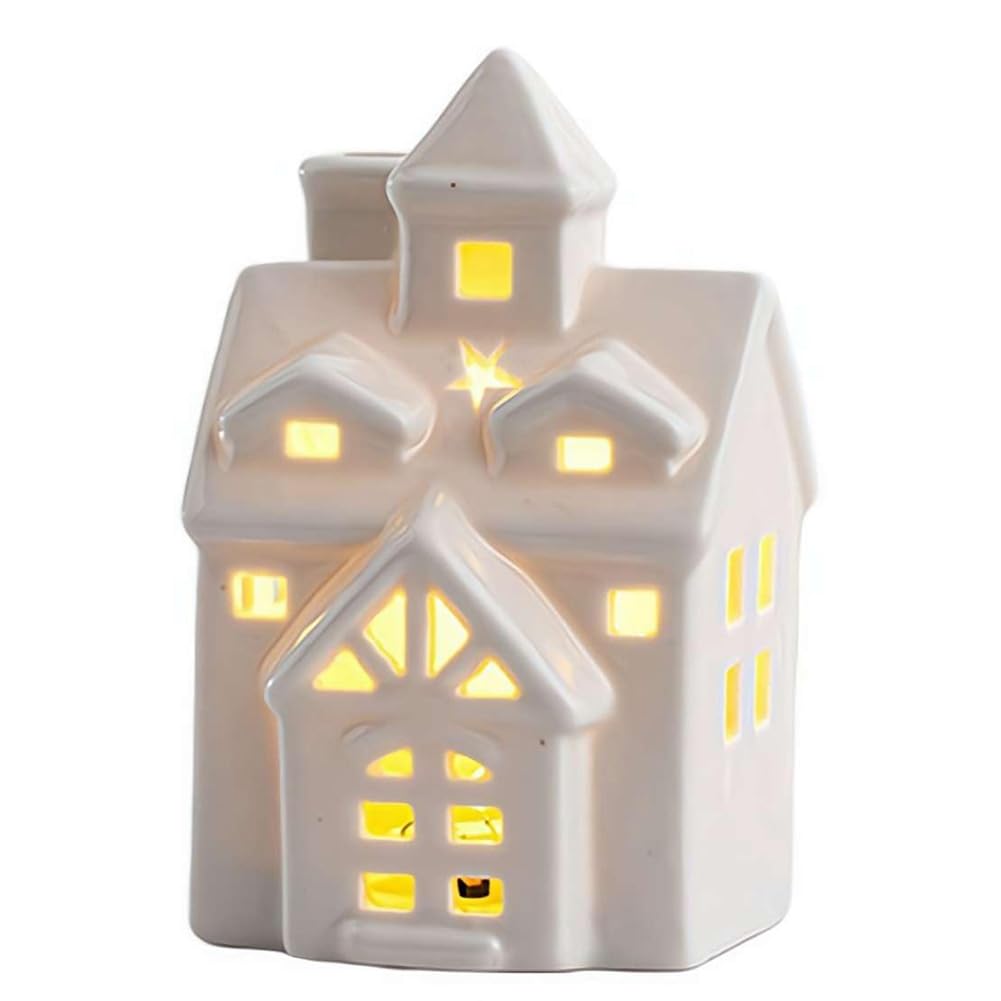 CTRLZS Christmas Desktop Decoration Ceramic House Ornament,Hollow LED Candlestick Night Light Craft