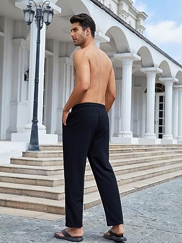 Men's Cotton Linen Loose Pants Casual Drawstring Elastic Waist Beach Trousers3