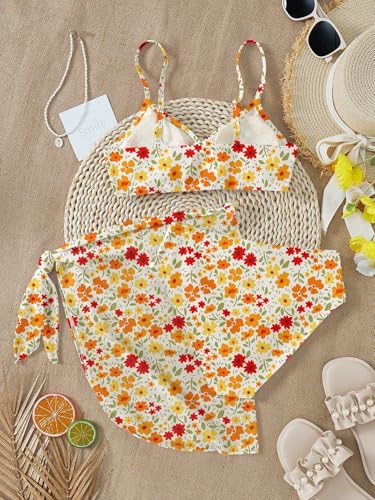 Image of RoseSeek Girls 3 Piece Bikini Set with Beach Skirt Floral Leopard O-Ring Padded Swimsuit for Teen Girls