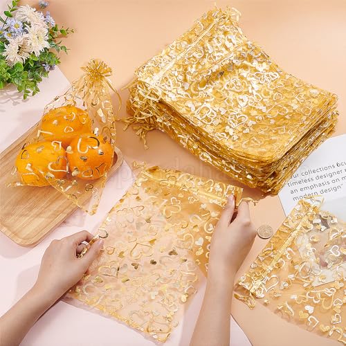 Image of DMS RETAIL Printed Organza Bag Pouches|Organza Return Gift Bags|Drawstring Pouches For Wedding| Jewelry Gift Bags for Party Golden Pack Of (20)