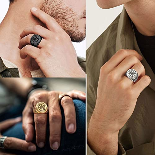 Mens Signet Ring Black Viking Rings For Men Size 9 Nautical Compass Ring Man's Vegvisir Ring #TOP1