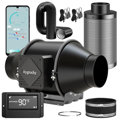 Aygrochy Abluftset 100mm,Rohrventilator mit Temperatur- und Feuchtigkeitsregler, WiFi App Steuerung, Aktivkohlefilter Schlauch Abluft Lüfter, Belüftungssystem Lüftungsset für Growzelt