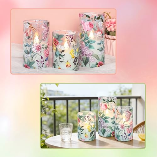 Image of Floral Flameless Candles with Remote Timer, Pink Rose and Lilac Pattern LED Glass Candles, Battery Operated for Home Party Wedding Christmas Spring Valentine's Day Decor, Set of 3