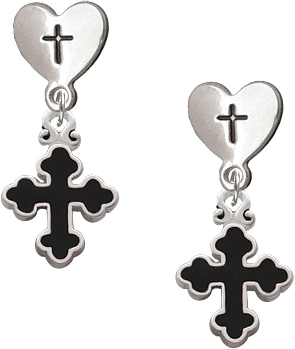 Delight Jewelry Silvertone Small Black Enamel Botonee Cross - Cross in Heart Post Dangle Earrings