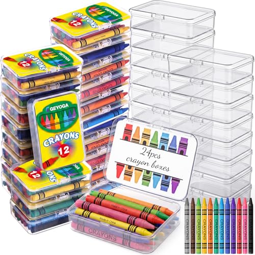 Image of Geyoga 24 Set /288 Pcs 12 Color Plastic Crayon Boxes with Crayons Bulk | 3.7 x 2.6 x 0.9 Inches Crayon Organizer Case, Stackable Crayon Storage with Name Tags, Back to School Essentials Party Favors