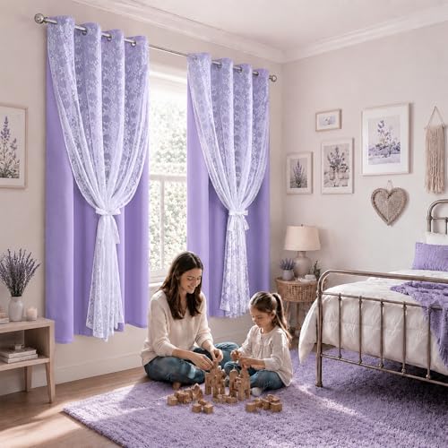 Image of Yinhua Purple Blackout Curtains for Bedroom Double Layer Nursery Curtains for Living Room 63 Inch Length 2 Panels Set Kid Curtain with Floral Sheer Overlay, Grommet Drapes with Tiebacks, 52 inch W x 63 inch L