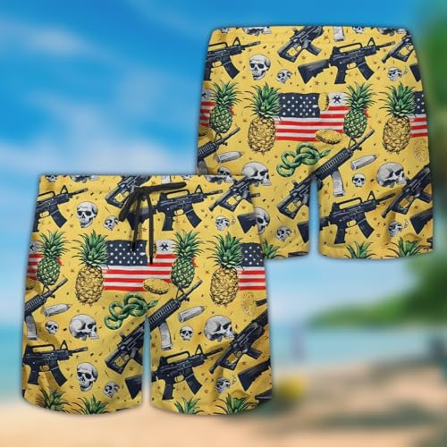Military Gun Mens Swim Trunks - Funny Gun Hawaiian Mens Swim Short Beach Shorts TU-SH-512
