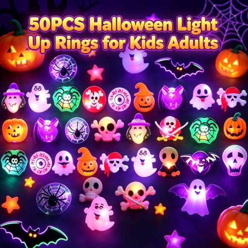 Qvatoxis Halloween Party Favors Light Up Rings 50PCS LED Rings Glowing Finger Rings Fun Toys for Kids Adults - image 3