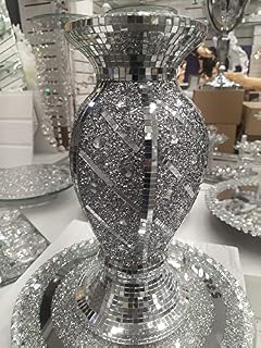 Biznest 40cm Silver Crystal Vase Statue Sparkle Ornament Bling Crushed Diamond Crushed mirrored flower pot with floral pot design Crushed Diamond Display Gift Present Home Decoration