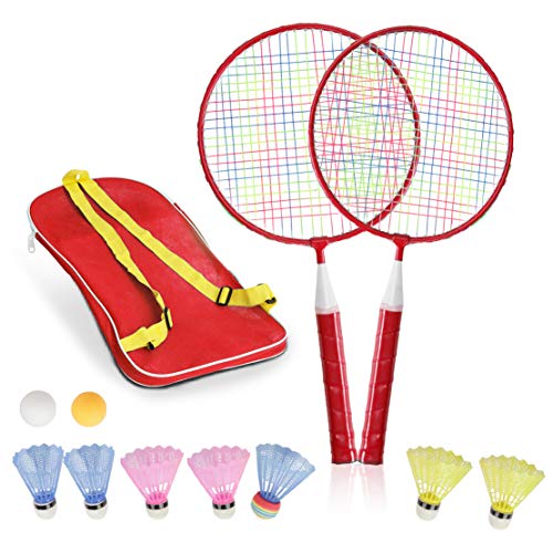 STSTECH Badminton Rackets for Children,12 in 1 Shuttlecocks Racquet Sports Set w/Lightweight Carrying Bag for Kids Professionals Beginner Players Indoor Outdoor Sport Game (Red)