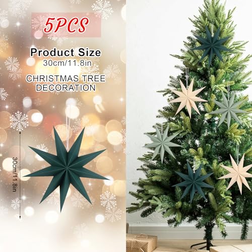 Image of 12 Inches 5 PCS Beige Green Sage Green Paper Star Lanterns Christmas Party Decorations Hanging Stars Christmas Party Decorations Wedding Birthday Christmas Home Party Decorations(9 Pointed)