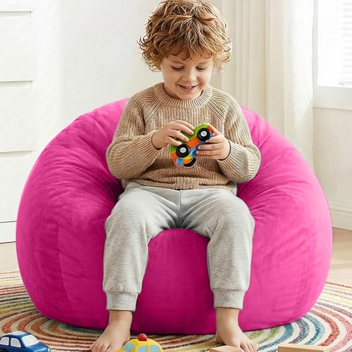 Image of Stuffed Animal Storage Bean Bag Chair Cover for Kids (No Filler), Soft Comfy Velvet Beanbag Chair Cover Machine Washable, Kids Bean Bag Chair with Handle for Living Room Bedroom Dorm, Hot Pink