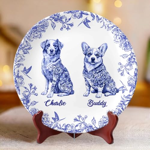 DOPTIKA Whispers Of Love In Blue, Personalized Pet Ceramic Plates, Dog Breeds Chinoiserie Toile De Jouy Decorative Plates For Display, Birthday Gifts For Pet Lovers, Dog Lovers Gifts for Women Men (2)