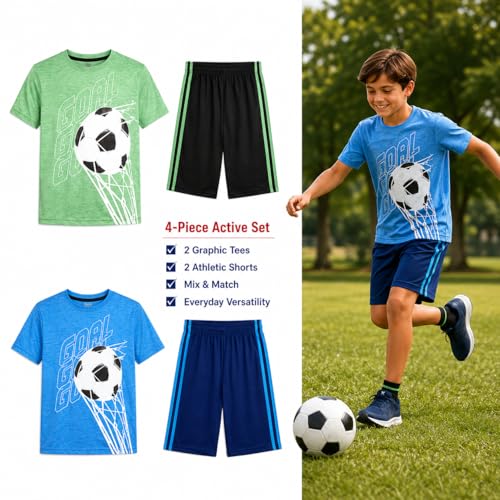 Image of Pro Athlete Boys Shorts Sets - 4 Piece Dry Fit Short Sleeve Crewneck Graphic Tee and Performance Shorts for Boys (Sizes 8-16)