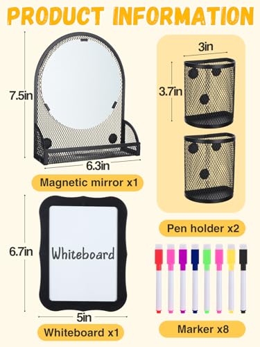 Image of ANPHSIN 12Pcs Metal Magnetic Locker Accessories Decor for Girls /Boys, Black | With Mirror, Whiteboard, 2 Pen Holders, 8 Markers, Locker Decorations Organizer Kit, Back to School Stuff Supplies