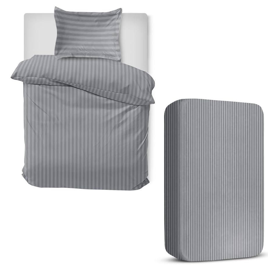 MOONLIGHT20015 3 Piece Single Bedding Set Satin Stripes Duvet Cover Fitted Sheet with Pillow case Hotel Quality Soft Brushed Microfiber Grey โ image 1