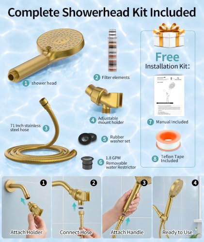 Image of SR SUN RISE Filtered Shower Head with Handheld High Pressure 9 Spray Mode Showerhead Detachable Shower Head Water Softener Filters Beads for Hard Water Remove Chlorine 1 Filter 1.8GPM Brushed Gold