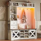 AMERLIFE 7-in-1 Farmhouse Hall Tree with Bench and Shoe Cabinet, LED Entryway Organizer with 2 Drawers, 12 Shoe Cubbies & Barn Doors, 7 Coat Racks with Shoe Storage, Rustic White