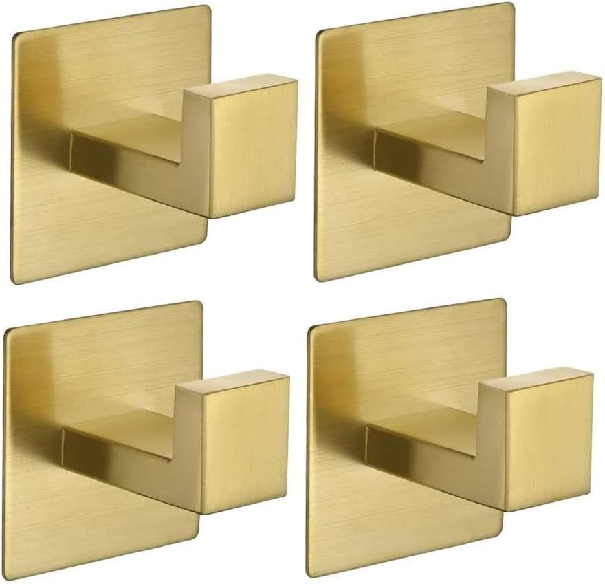 WOLIBEER Self Adhesive Towel Hook, Brushed Gold Bath Robe Hook 4 Packs No Drilling Stainless Steel Coat Hanger Sticky Wall Hook for Bathroom