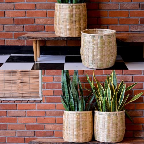 Image of Bamboo Basket - Versatile Indoor & Outdoor Use for Balcony, Terrace, Garden, Bedroom, Living Room, Cane planters for Indoor Plants, Christmas Tree Collar (Large)
