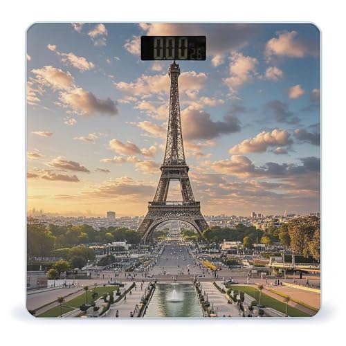 French Paris Tour - Báscula digital de alta precisión con la torre Eiffel para el peso corporal, báscula digital de baño para personas, antideslizante, pantalla LCD grande, báscula inteligente