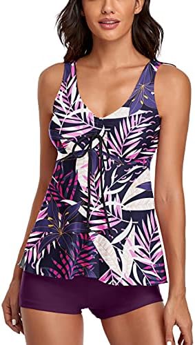 Omichic Tankini Swimsuits for Women Two Piece Bathing Suits Tribal Lesves Tank Top with Boyshorts Tummy Control Swimming Purple Small