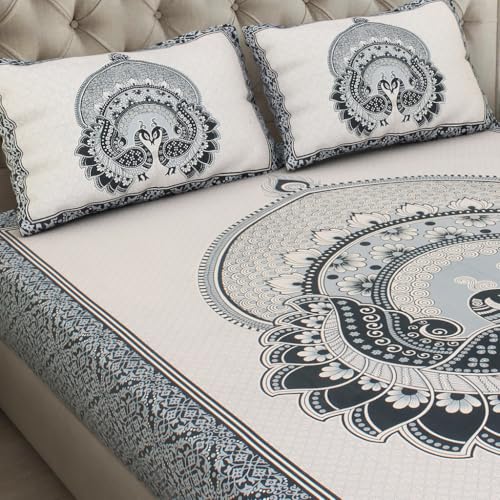 Image of JAIPUR PRINTS 100% Cotton Bedsheet for Double Size Bed Rajasthani Jaipuri Printed with 2 Pillow Covers 90x100 inch 235x215 cm (Gray) - 3 Piece Set
