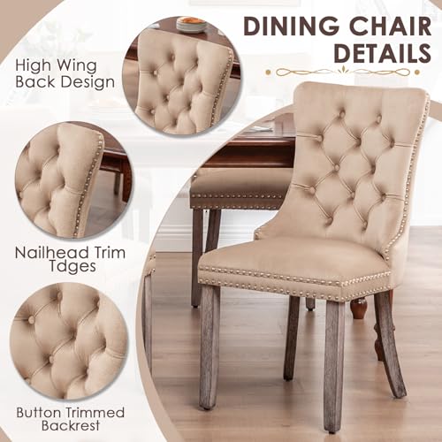 Image of Velvet Dining Chairs, Tufted Kitchen & Dining Room Chairs, Khaki, Set of 4