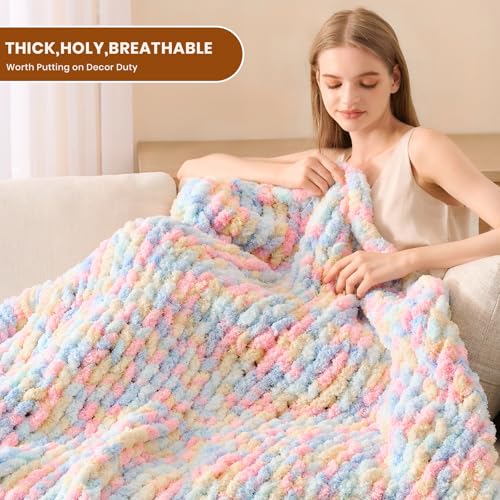 Image of L'AGRATY Chunky Knit Throw Blanket for Couch, 60 x 80 Inches, Rainbow