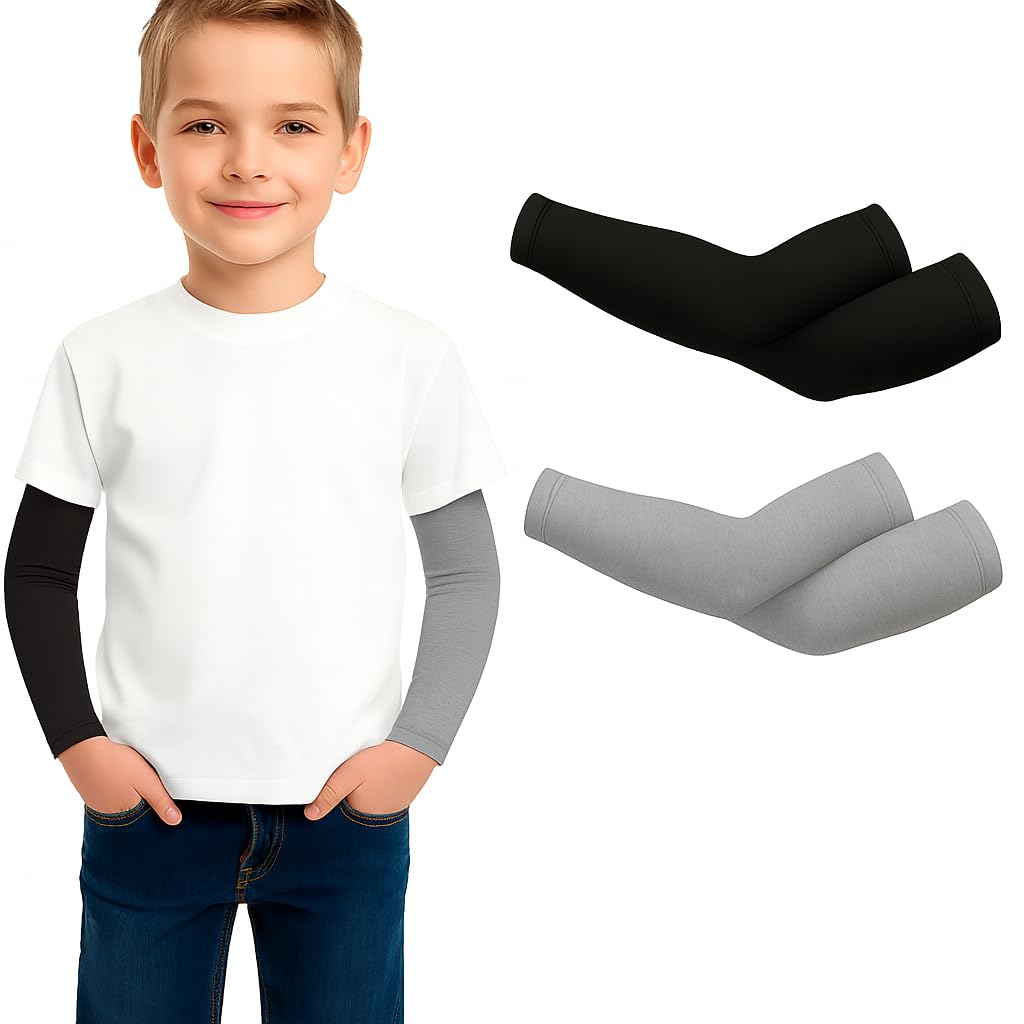 trilok Kids Arm Protect Sleeves For 3-12 Years Baby Sun Sleeves for Baseball Basketball Costume for Party UV Protection Sleeve Cooling (Black - Grey) (Pack Of 2)-picture-31