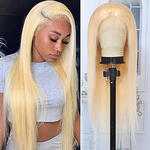 SUNYUON 613 Blonde Lace Front Wig Human Hair Pre Plucked Bleached Knots 13x4 Brazilian Straight Lace Frontal Wig with Baby Hair 150% Density Light Blonde Human Hair Wigs for Black Woman(24inch)