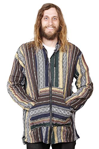 Sunshine Joy Woven Baja Style Zip Up Hoodie Hooded Jacket Earth Stripe