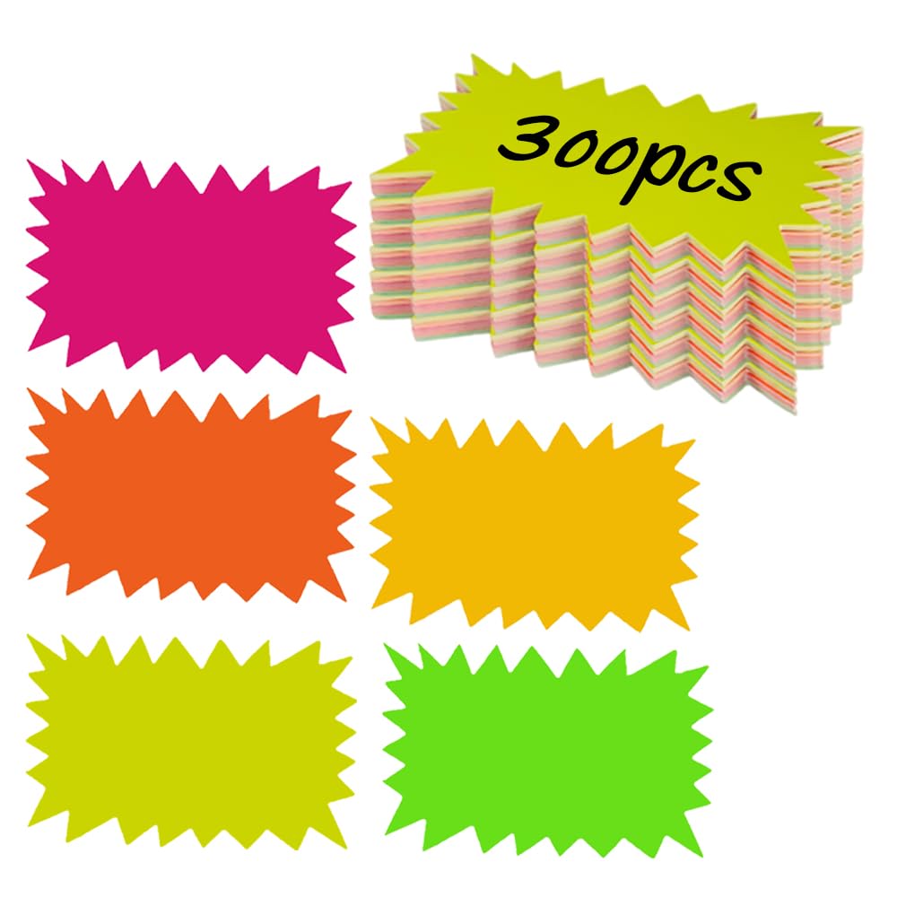 M1SS Fluorescent Star Sale Signs – Pack of 300 Assorted Starburst Retail Price Tags, Neon Display Sign Cards, Labels for Retail Shop, Grocery Store, Supermarket, Notice Board and Party (10 x 15 cm)