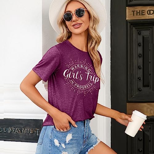 Image of Women's Casual Warning Girls Trip in Progress T-Shirt Casual Crewneck Short Sleeve Graphic Tee