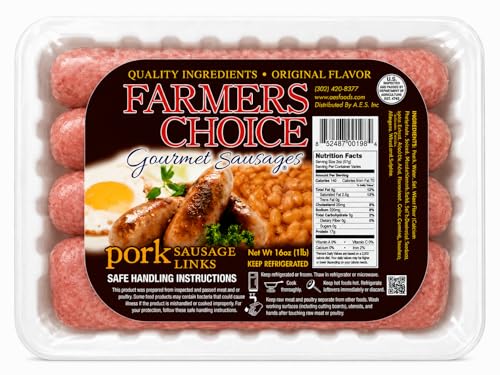 Farmers Choice Pork Sausage Links 1lb Pack, 8 Gourmet Pork Sausages, Premium Breakfast Sausage Links, Original Flavor Fresh Pork Sausage for Grilling, Frying, Breakfast Meals and Protein Rich Cooking