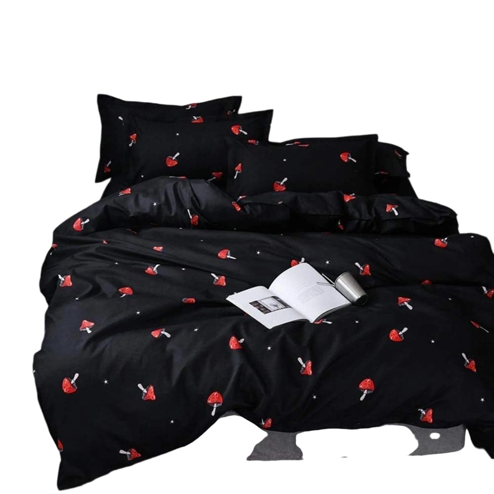Homewish Boys Black And Red Cute Mushroom Duvet Cover Single Kid Cartoon Kawaii Bedding Set Red Mushroom Shaped Comforter Cover Set Farmhouse Botanical Bedspread Cover Lovely Natural Wild Plants Quilt Cover Black,Zipper