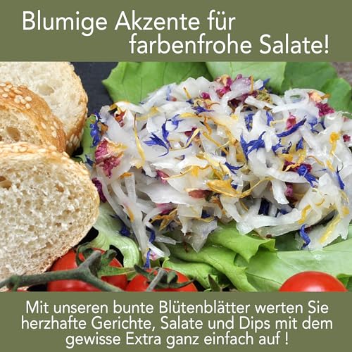 direct&friendly | Bio bunte Blütenmischung | 250g | farbenfroher Essblüten-Mix aus Rosen-, Ringelblumen- und Kornblumenblütenblättern