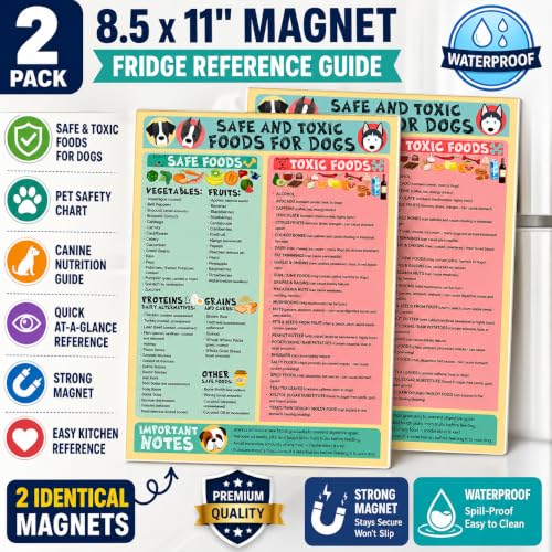 Image of Magnetic 8.5x11 Safe and Toxic Foods for Dogs Magnet Pet Safety Chart and Canine Nutrition Guide, Waterproof & Humidity-Resistant (Pack of 2)