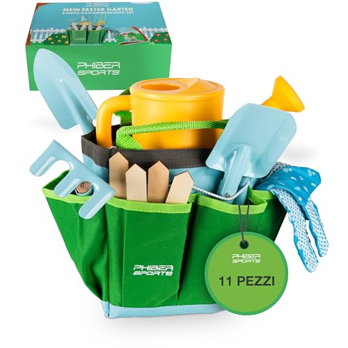 PHIBER-SPORTS Set di Attrezzi da Giardino per Bambini (11 Pezzi) - Attrezzi da Giardinaggio per Bambini dai 3 Anni in su - Strumenti in Metallo, annaffiatoio, Guanti da Giardinaggio, Borsa