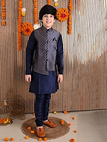 Image of LILPICKS Boys Solid Kurta Pyjama Set with Printed Nehru Jacket (Blue Golden)