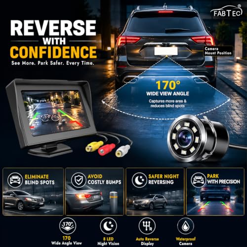 Image of FABTEC 4.3 Inch TFT LCD Car Rear View Monitor Screen with 8 LED Night Vision Reverse Parking Camera | Universal Dashboard Display Monitor with Backup Camera