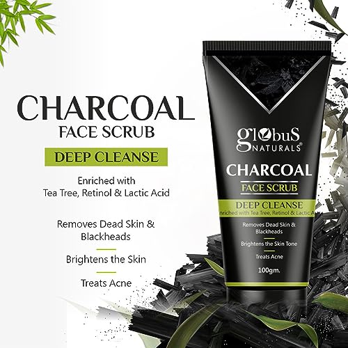Image of Globus Naturals Anti Pollution & Anti Acne Charcoal Face Scrub, Detox & Deep Cleanse Formula, Fights Pollution and De-Tans skin, For Men with Oily & Acne Prone Skin, 100 gms