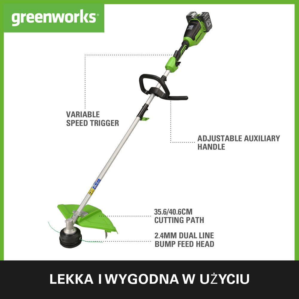 Greenworks GD24X2TXK4X Akumulatorowa Podkaszarka do Małych i Średnich Ogrodów, Szerokość Cięcia 40 cm, Uderzeniowy Wysuw, Podwójna Żyłka Nylonowa 2 mm, 2x Bateria 24V 4Ah i Podwójna Ładowarka
