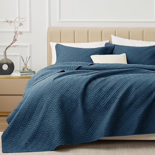 Image of VAS COLLECTIONS 100% Cotton Ultrasonic Quilted King Bedspread Set, 280 TC Soft Lightweight Stitch-Free Coverlet, 90x100 Inches, with 2 Pillow Covers (Blue)