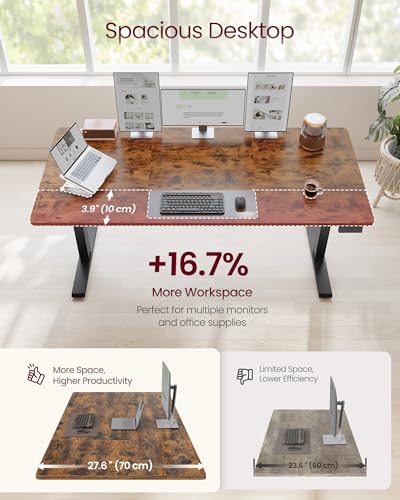 Image of VASAGLE Electric Standing Desk, Stand Up Desk, 4 Memory Heights, Sedentary Reminder, for Home Office, 63 x 27.6 Inches, Rustic Brown ULSD316KD02S