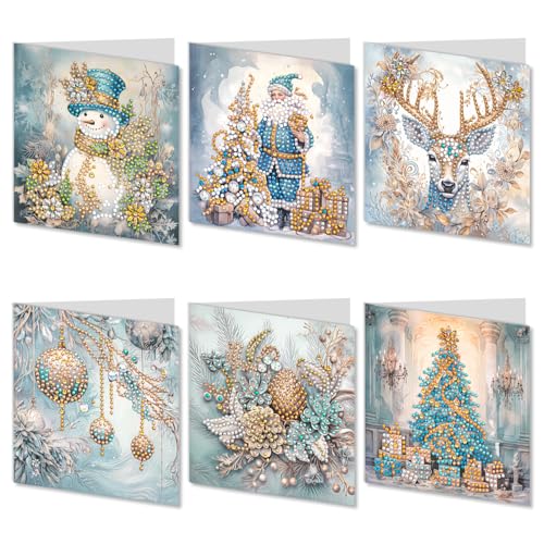 Kunoli 6pcs 5D Diamond Painting Christmas Greeting Cards for Adults DIY Diamond Art Kits for Family Friends Christmas Xmas Birthday Gift (White)
