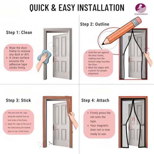 Image of Divayanshi Pro Mosquito Net for Door 100x210 cm | Magnetic Fly Mesh Curtain | Fiberglass Polyester Insect Screen | Auto Closing Hands-Free Mosquito Net with Self Adhesive Hook Tape - Black