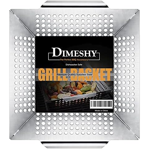 Heavy Duty Grill Basket by DIMESHY, Large 12 inches Stainless Steel Grilling Basket for Vegetable, Kabobs, Shrimps, Work for all Grill Cover