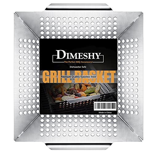 Stainless Steel Grill Basket, Large 12 Inches BBQ Accessories for Vegetable, Shrimps, Kabobs,Work for All Grill by DIMESHY